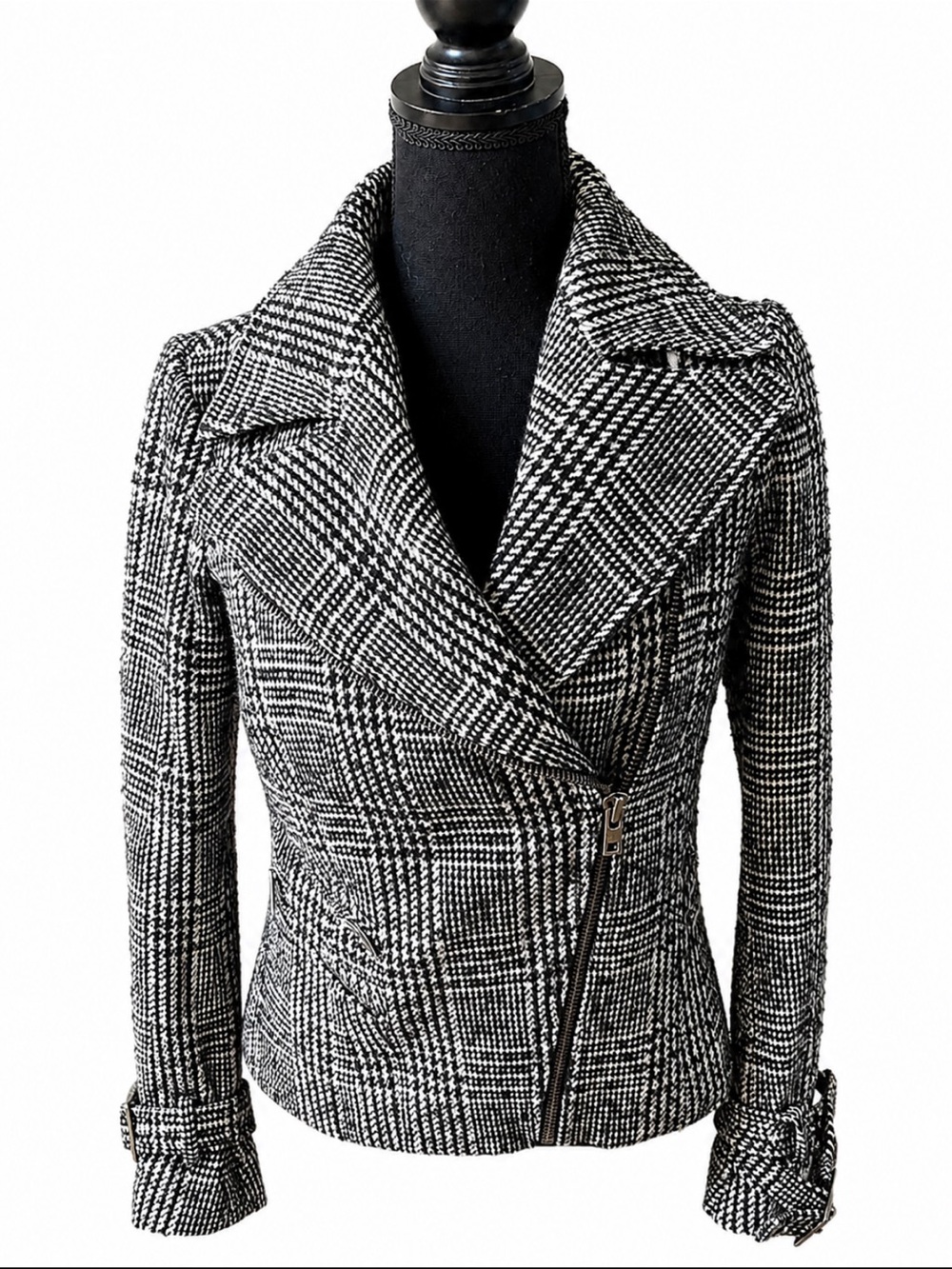 Zara Woman Black White Plaid Wool Blend Moto Jacket Asym Zip S